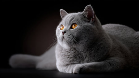 This striking image captures a majestic grey cat with vibrant orange eyes, resting gracefully against a dark background, highlighting its unique beauty and serene nature.の素材