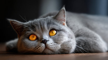 This captivating image features a gray domestic cat with enchanting orange eyes, resting peacefully on a wooden floor. The serene expression reflects comfort and tranquility.の素材