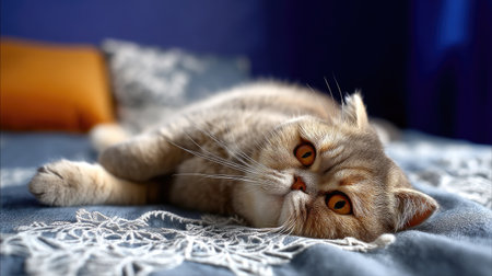 A serene and cozy scene featuring a lovely cat resting on a soft bed. The warm lighting and intricate blue fabric create a tranquil atmosphere.の素材