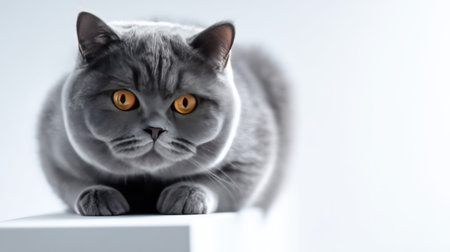 A calm gray cat with vibrant orange eyes lays quietly in a bright and minimalist setting, showcasing its beautiful fur and peaceful demeanor.の素材