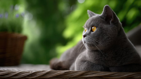 A serene gray cat lies comfortably, gazing thoughtfully with striking yellow eyes. The soft natural light highlights the lush greenery, creating a peaceful atmosphere.の素材