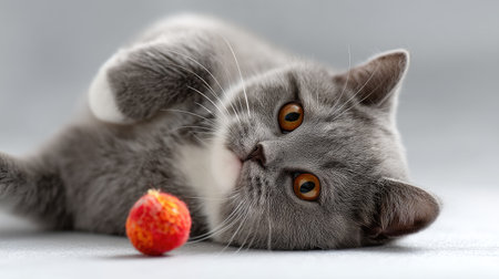 This delightful image captures a charming gray cat playfully interacting with a small red ball on a soft surface, showcasing its adorable personality.の素材