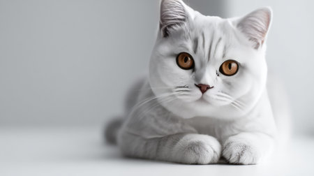 This charming white cat with beautiful amber eyes lies comfortably on a clean surface, showcasing its soft fur and calm demeanor, perfect for serene ambiance.の素材