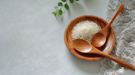 A rustic wooden bowl filled with uncooked rice sits beside two wooden spoons on a soft textured surface. Green leaves and lace cloth add a gentle touch.の素材
