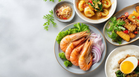 A visually stunning seafood arrangement featuring fresh shrimp, vibrant salad, and delectable side dishes. Perfect for gourmet food enthusiasts and culinary creations.の素材