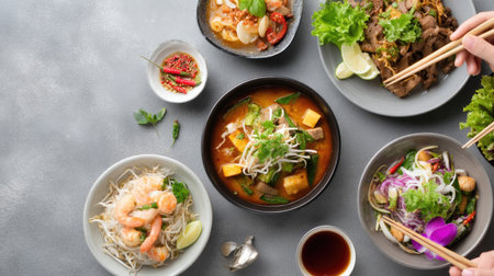 This image showcases a vibrant spread of Asian cuisine featuring fresh ingredients, colorful dishes, and a rustic table setting perfect for sharing.の素材