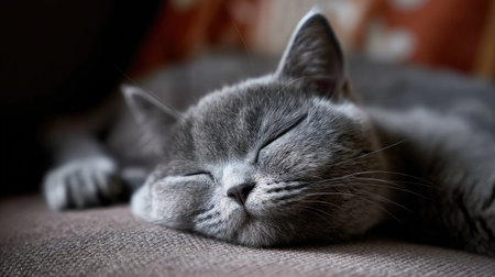A serene gray cat peacefully sleeps on a soft couch, embodying tranquility and comfort in a cozy home environment, perfect for cat lovers.の素材