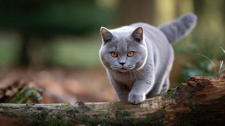 A curious gray cat with striking yellow eyes explores a tranquil wooded area, walking gracefully over a fallen log amidst autumn foliage.の素材