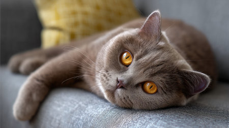 A charming British Shorthair cat with striking orange eyes relaxes on a gray couch, basking in soft natural light. The scene evokes comfort and tranquility.の素材