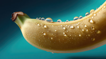 This close-up image of a fresh banana features glistening water droplets on a vibrant blue background, emphasizing its natural appeal and freshness.の素材