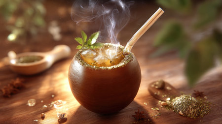 A captivating herbal drink displayed in a rustic cup, adorned with ice and mint. Perfect for summer refreshment, showcasing natural ingredients and cozy vibes.の素材