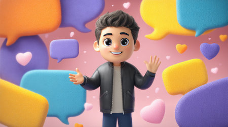 A cheerful cartoon character is waving amidst colorful speech bubbles, symbolizing communication and social interaction in a playful way.の素材