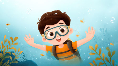 A cheerful child swimming underwater in a colorful cartoon style. The scene features bright bubbles and playful fish, evoking a sense of joy and adventure.の素材