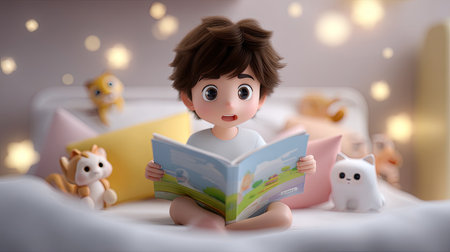 A delightful scene featuring a curious child reading a storybook, surrounded by plush toys in a cozy bedroom. Soft colors and warm ambiance enhance the imaginative exploration.の素材