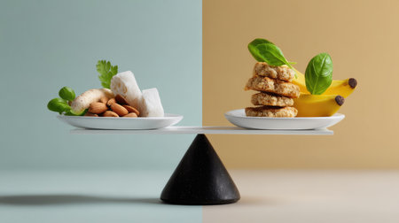 A striking visual representation of balanced dieting with healthy snacks on one side and indulgent treats on the other, showcasing dietary choices.の素材