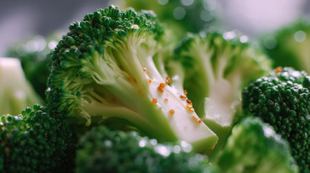 This image showcases fresh broccoli in soft lighting, highlighting its vibrant green color and intricate textures, perfect for healthy lifestyle themes.の素材
