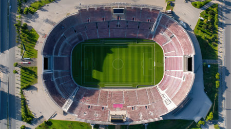 Stunning aerial view showcasing a large, modern stadium with a vibrant green grass field and spacious bleachers, perfect for sports and events.の素材