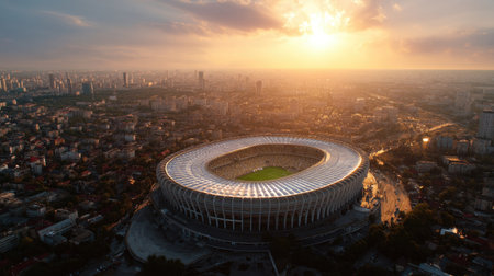 Captivating aerial view showcasing a modern stadium at sunset, surrounded by a bustling urban landscape, highlighting architectural beauty and vibrant city life.の素材