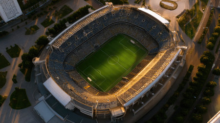 A stunning aerial perspective of a large sports stadium showcasing an enthusiastic crowd on a bright sunny day, capturing the essence of outdoor sporting events.の素材