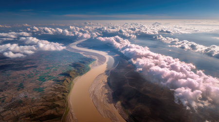 Experience the breathtaking beauty of a winding river captured from above, surrounded by verdant landscapes and fluffy clouds, showcasing nature's serenity.の素材