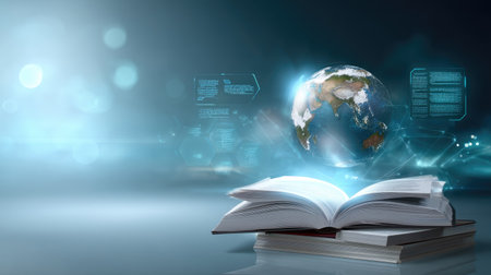 This image features an open book with a holographic globe above it, symbolizing the fusion of education and technology in the digital age.の素材