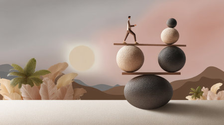 A surreal depiction of a man balancing on a wooden beam above textured spheres, symbolizing life's challenges and the quest for harmony amid nature's beauty.の素材