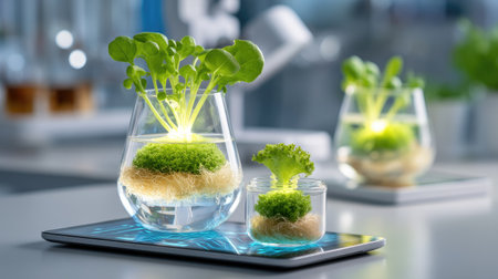 Explore the creative world of hydroponic gardening with vibrant lettuce and green roots, beautifully displayed in glass containers on a modern kitchen surface.の素材