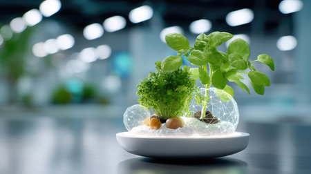 A stunning hydroponic garden showcasing vibrant herbs and vegetables in a sleek, modern design environment. Perfect for emphasizing sustainability and innovation.の素材
