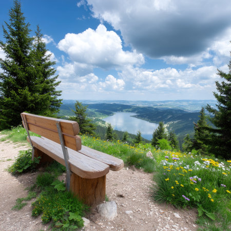A serene viewpoint features a wooden bench surrounded by vibrant greenery, overlooking a picturesque lake and mountains under a beautiful sky.の素材