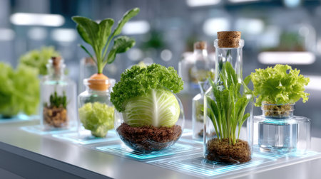 A vibrant display of hydroponic vegetables in glass containers showcases modern gardening techniques. This image highlights sustainability and innovation in urban agriculture.の素材