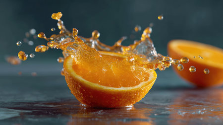 A vibrant orange half catches the light as it splashes into water, creating dazzling droplets and showcasing the fresh and juicy essence of citrus.の素材