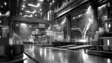A sleek black and white image showcasing the interior of an industrial factory featuring advanced machinery, robotic arms, and sophisticated lighting.の素材
