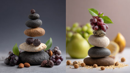 A serene composition featuring balanced stone stacks accompanied by fruits and leaves, ideal for illustrating wellness, relaxation, and artistic balance themes.の素材