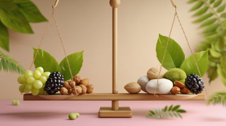 A beautifully balanced composition featuring fresh green and black grapes, a variety of nuts, and sweet treats on a wooden scale, framed by foliage.の素材