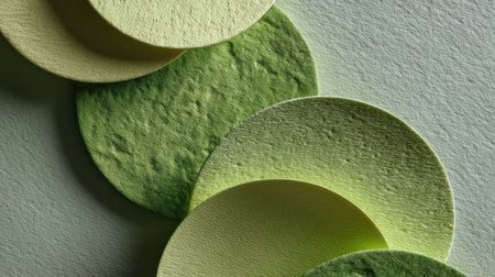 Close-up of textured circular shapes in soft green and yellow on a light background. Ideal for modern design, art projects, or branding elements.の素材