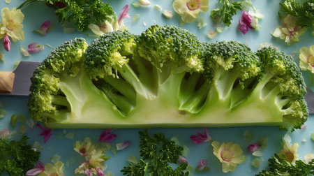 A beautifully arranged fresh broccoli slice showcases its vibrant green color, surrounded by edible flowers and herbs, creating a striking culinary display.の素材