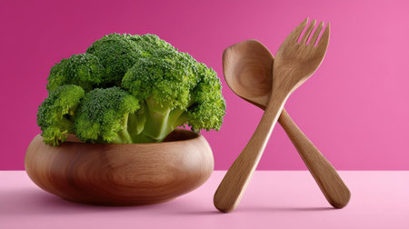 A vibrant arrangement featuring fresh broccoli in a wooden bowl alongside wooden utensils on a bright pink background, perfect for promoting healthy eating.の素材