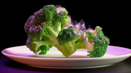 This vibrant image showcases fresh broccoli on a white plate, emitting steam against a dark background, perfect for promoting healthy eating and culinary arts.の素材