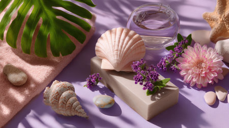 A serene coastal arrangement featuring delicate shells, vibrant flowers, and a calming water element set on a soft, pastel surface ideal for relaxation.の素材