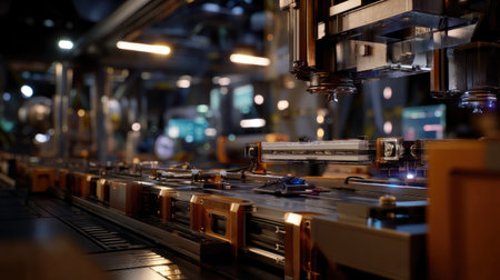 This image captures a detailed view of a robotic assembly line in a modern manufacturing facility, highlighting automation and precision engineering features.の素材