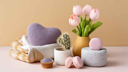 A delightful arrangement featuring soft pastels, vibrant tulips, a heart-shaped pillow, and sweet treats, perfect for spring decor and cozy home styling.の素材