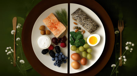 A beautifully arranged plate showcasing a healthy meal with salmon, fresh vegetables, succulent fruits, yogurt, and nuts, emphasizing balance and nutrition.の素材
