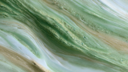 This image features an abstract texture of green and beige marble with smooth flowing patterns. It serves as an ideal backdrop for various design projects, blending elegance and beauty.の素材