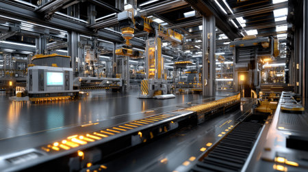 An advanced industrial warehouse showcasing automated machines and a dynamic conveyor system, highlighting modern technology in an efficient production environment.の素材