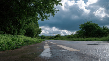 Captivating view of an empty road stretching through lush greenery, framed by dramatic clouds and vivid sky. A perfect representation of nature and tranquility.の素材