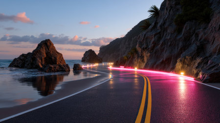A captivating view of a coastal road at dusk, featuring vibrant neon lights illuminating the pavement and reflecting in the calm ocean waters.の素材