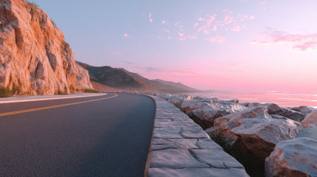 This stunning image captures a winding coastal road at sunset, surrounded by rocky formations and a gentle ocean view, evoking tranquility and adventure.の素材