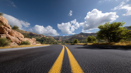 An inviting asphalt road meanders through a stunning mountainous landscape, with lush greenery and a bright blue sky adorned with fluffy clouds, perfect for travel enthusiasts.の素材