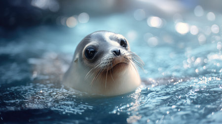 A captivating closeup of a young seal gliding through vibrant blue water, showcasing its charming expression and soft features against a serene backdrop.の素材