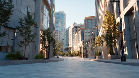 A serene urban street scene illuminated by soft morning light, showcasing modern buildings framed by lush trees and a smooth pathway.の素材